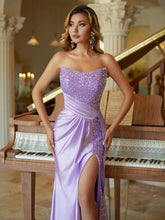 Taffeta Overlay Sequin Split Thigh Sheath Prom Dress